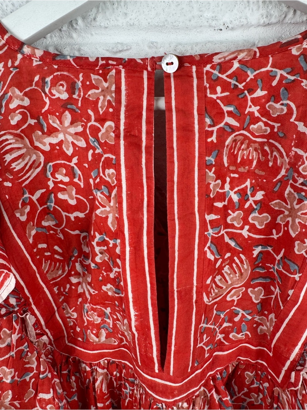 Cleobella Mylah Blouse Red Floral Block Print Tassel Tie Ruffle Boho Top Size M - Picture 9 of 11